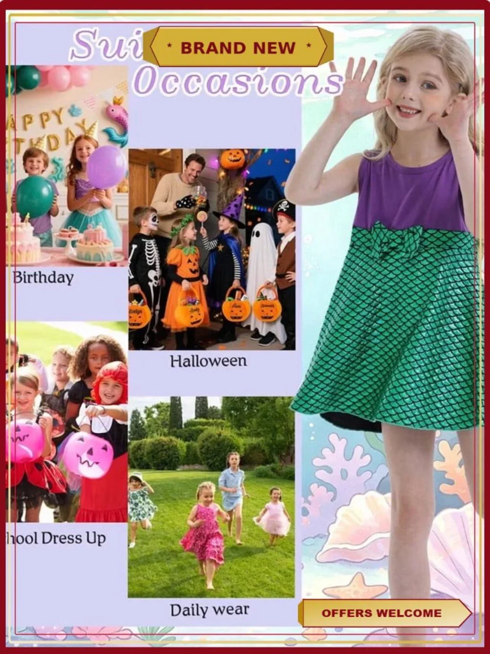 Mermaid Princess Dress Girls Costume Toddler Dress Up Cosplay Halloween